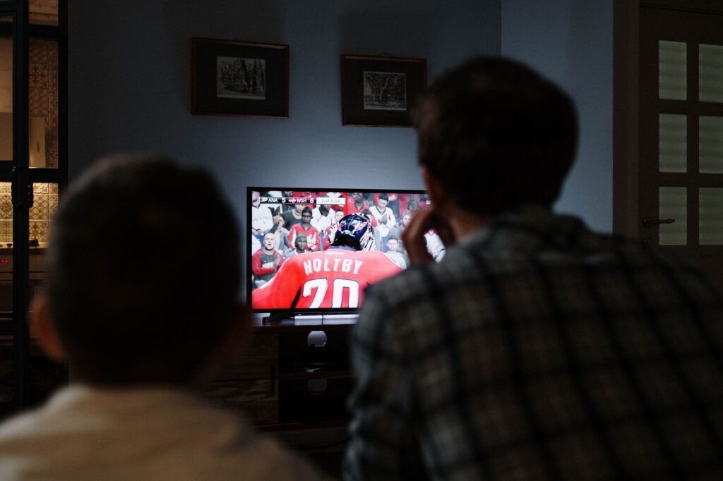 Father and son enjoying a hockey game together on TV from their living room.