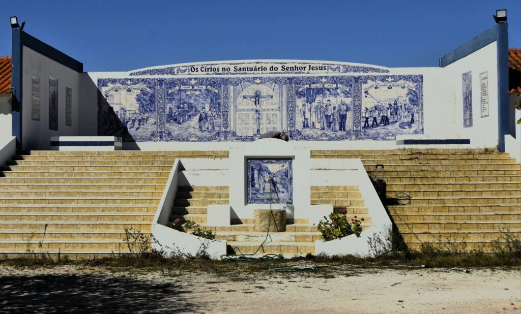 Traditional Portuguese azulejo mural at the Santuário do Senhor Jesus in Bombarral, Portugal.