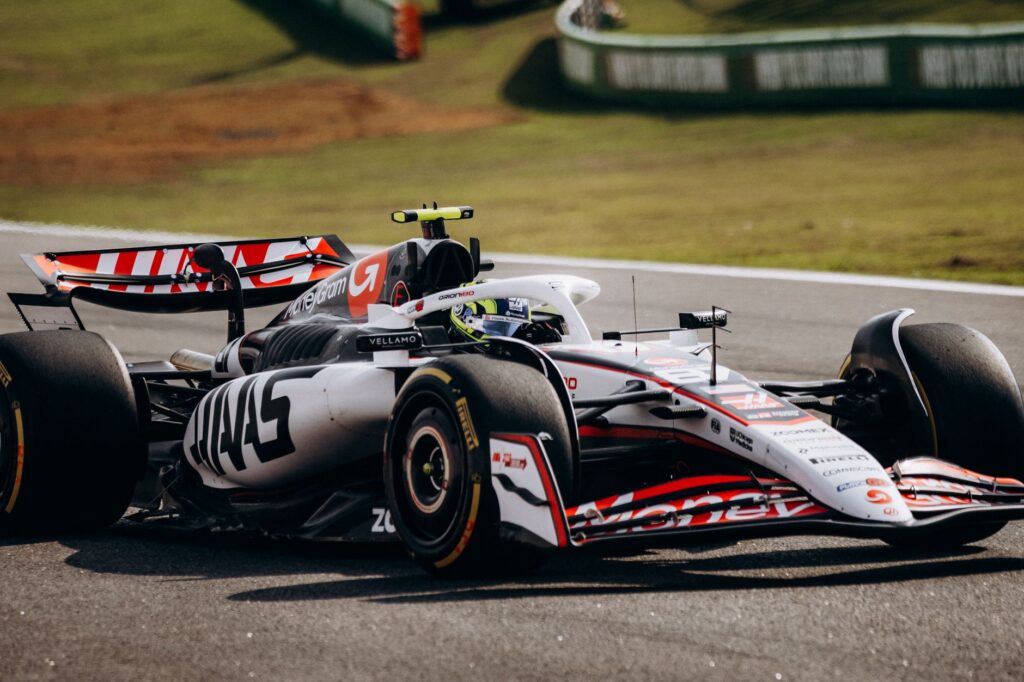 Formula 1 car speeding during a race at Interlagos racetrack, São Paulo, Brazil.