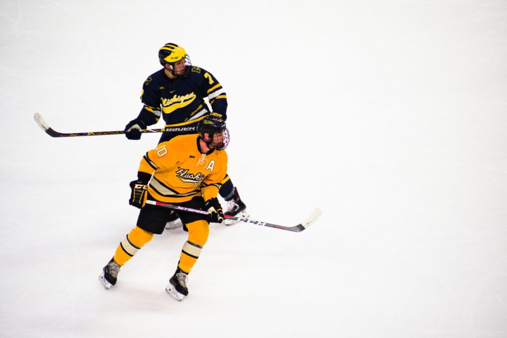 Two male ice hockey players in action on the rink, showcasing skill and teamwork.