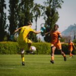 Action-packed soccer match in Chile with players in motion on a sunny outdoor field.